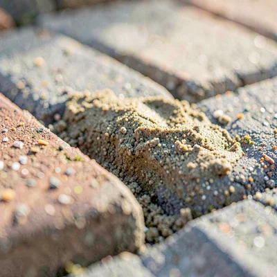 Macro of polymeric jointing sand cured solid between two pavers, soft daylight