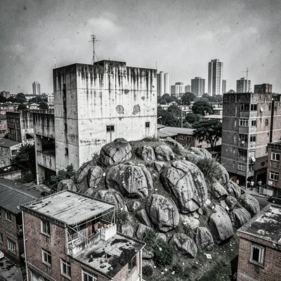 Post-industrial Johannesburg brutalism with harsh flash, Melville koppies rocky 