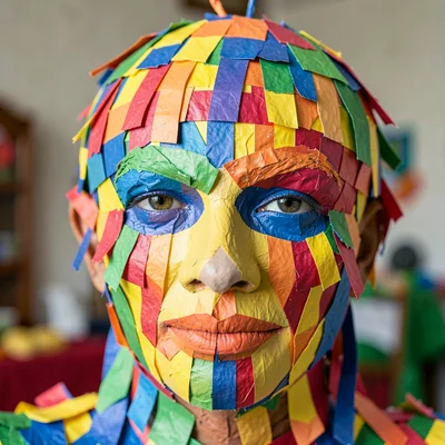 Close-up of the layered paper-strip texture on a large papier-mâché head form