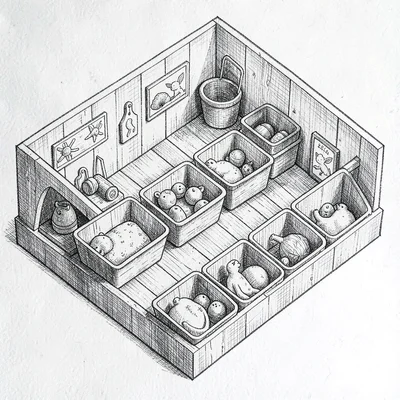 isometric drawing of a sensory play room with bins