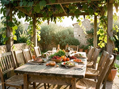 Outdoor dining terrace with rustic wooden table under a pergola draped in grapev