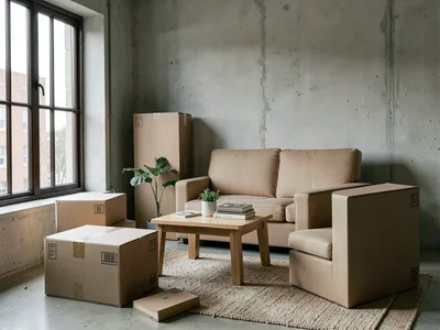 Cardboard furniture in minimalist apartment, sustainable living aesthetic