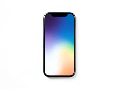 Smartphone laying flat on white, screen showing gradient, device shadow providin