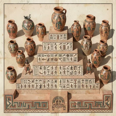 Collection of painted clay vessels arranged in stepped pyramid composition, aeri