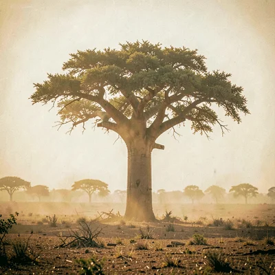 Golden Harmattan dust haze in Bamako, Mali, Baobab tree standing alone on plain,
