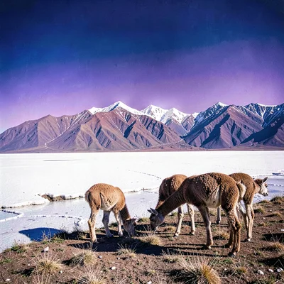 High altitude photograph, thin mountain air, Llamas grazing on sparse brown gras