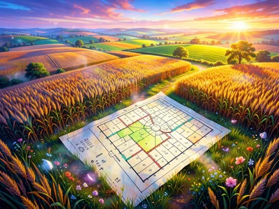 Farm fields from above transitioning to illustrated survey map with parcel bound