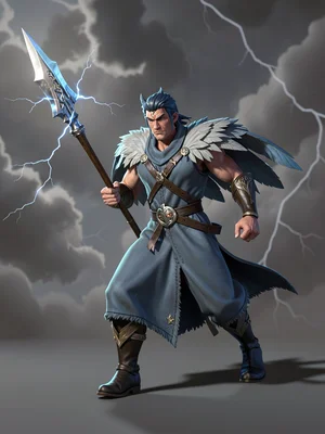 Mid-stride storm-shaman in slate-blue robes with feathered shoulder mantle, ligh