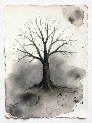Monoprint of bare tree, faded ink transfer resembling spectral branches