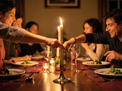 Two people reaching across candlelit dinner table, fingertips almost touching, w