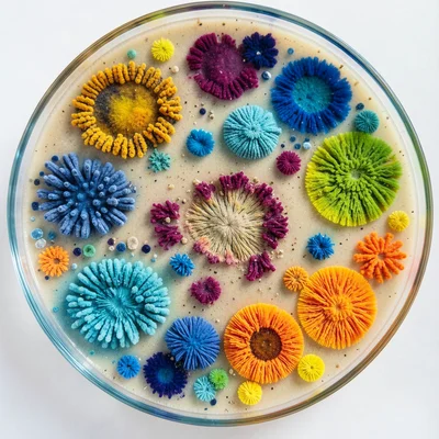 Petri dish cultures in ocean blues and sandy yellows, summer microbe bloom