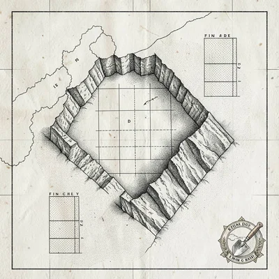 An archaeological coastal-site dig map with eroded cliff sections, exposed walls