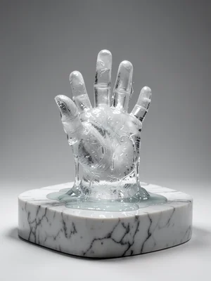 Melting ice sculpture of a hand, water pooling on marble pedestal, studio light
