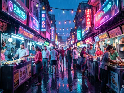 Food vendor row at summer festival, neon signs, string lights, evening