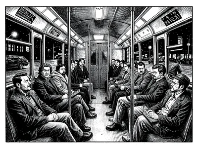 Surreal night bus passengers