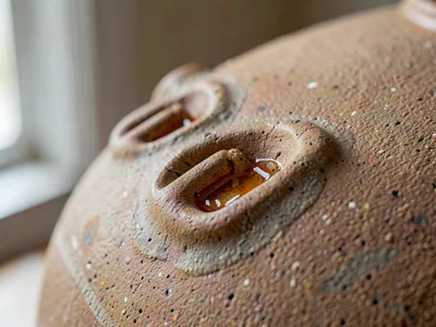 Hand-pressed knuckle prints lining a stoneware shoulder, glaze pooling amber ins