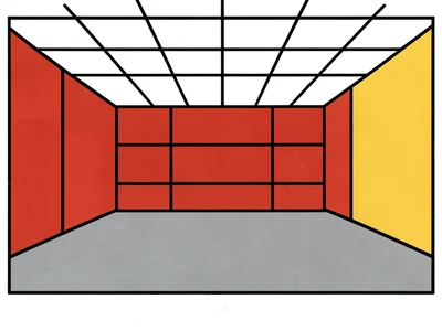 Empty warehouse interior — grey floor rectangle, red wall, white ceiling