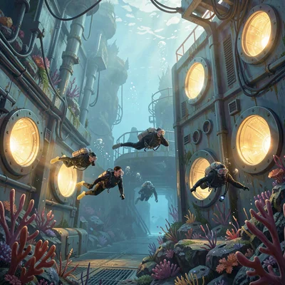 Painterly mission vista of an underwater facility with squad swimming past glowi