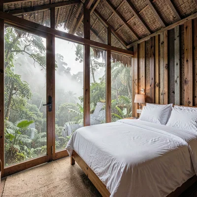 Cloud forest mist layers in Costa Rica, An eco-lodge bedroom with reclaimed wood