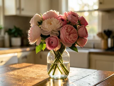 Bouquet of peonies and roses in glass vase on kitchen table, morning light