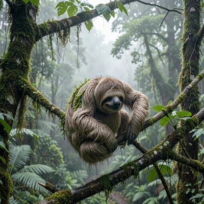 Cloud forest mist layers in Costa Rica, A sloth moving through cecropia branches