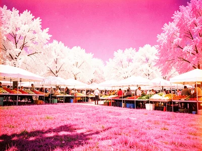 A farmers market with white awnings and pink grass, produce in vivid natural col