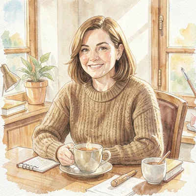 Painterly illustration of a stylized founder portrait at a sunlit desk, cozy swe