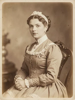 A woman in Victorian day dress, three-quarter view, soft vignette at frame edge