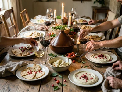 A long farmhouse table set for ten during a dinner party in progress, the table 