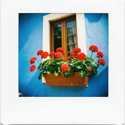 A window box of red geraniums against a blue-painted wall, Mediterranean feel, v