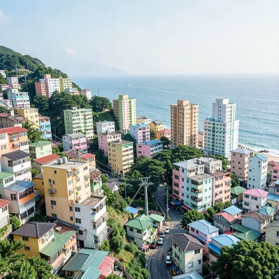 Busan vertical density, hillside village stacking, cable car passing over dense 
