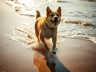 Candid photography, a joyful dog running along the shoreline on a sunny beach, splashing through shallow water, natural 
