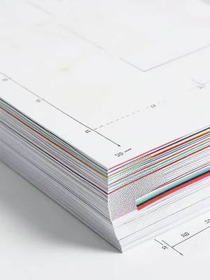 The edge of a paper ream showing the cross-section of 500 sheets, slight ink ble