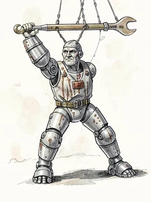 A heavy-treaded dirigible-mechanic hauls brass wrench overhead, mech-leg piston