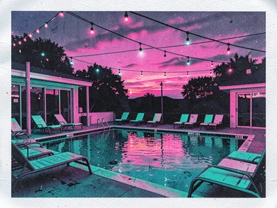 Motel pool surrounded by lounge chairs glowing under buzzing overhead lights lon