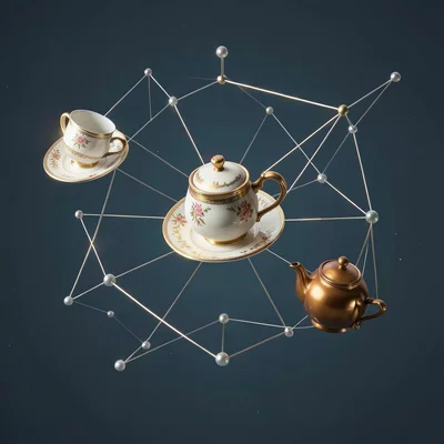 Tea set floating in organized constellation, cup, saucer, pot, sugar bowl, all w