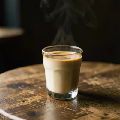 A cortado in a small glass on a worn wooden café table, the perfect proportion o