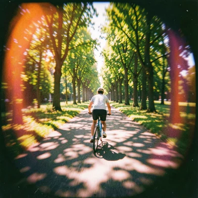 Someone riding a bicycle down a tree-lined path, dappled light creating alternat