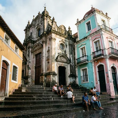 Salvador Pelourinho color, Bahian colonial saturation, Humid afternoon light fal