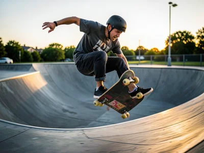 Skateboarder mid-kickflip at a concrete skatepark, motion blur on the wheels, la