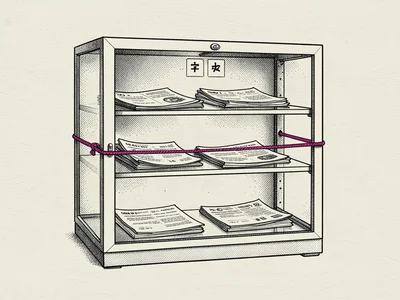 Pen-and-ink rendering of a glass cabinet labelled only by symbols, transparent s