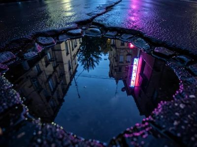 Neon light reflected in cobblestone puddle at night, glowing color in dark water