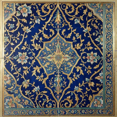 Detail of a richly patterned textile — interlocking medallion and arabesque