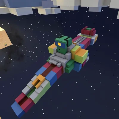 Voxel 3D illustration, blocky spaceship in space , cubic voxel construction, blo