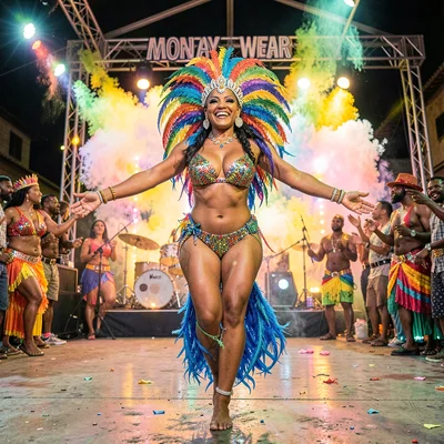 Carnival saturation explosion in Port of Spain, Trinidad, Pretty mas queen cross
