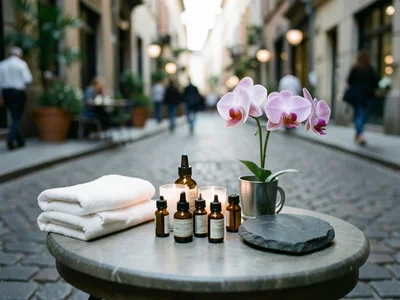 Spa setting with candles, essential oils, towels, orchid, slate stone