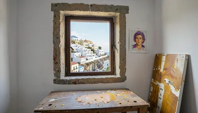 Warm encaustic painting studio on a Greek island, intimate and close, Mediterran