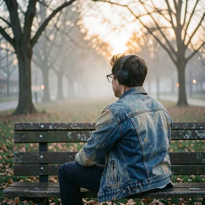 Atmospheric park-bench scene at dusk with a figure in headphones and a faded den