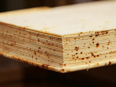 Foxed book edge, age spots visible on page edges as brown dot pattern on otherwi