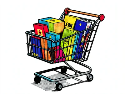 Shopping cart filled with primary-colored packaging boxes, halftone shadows